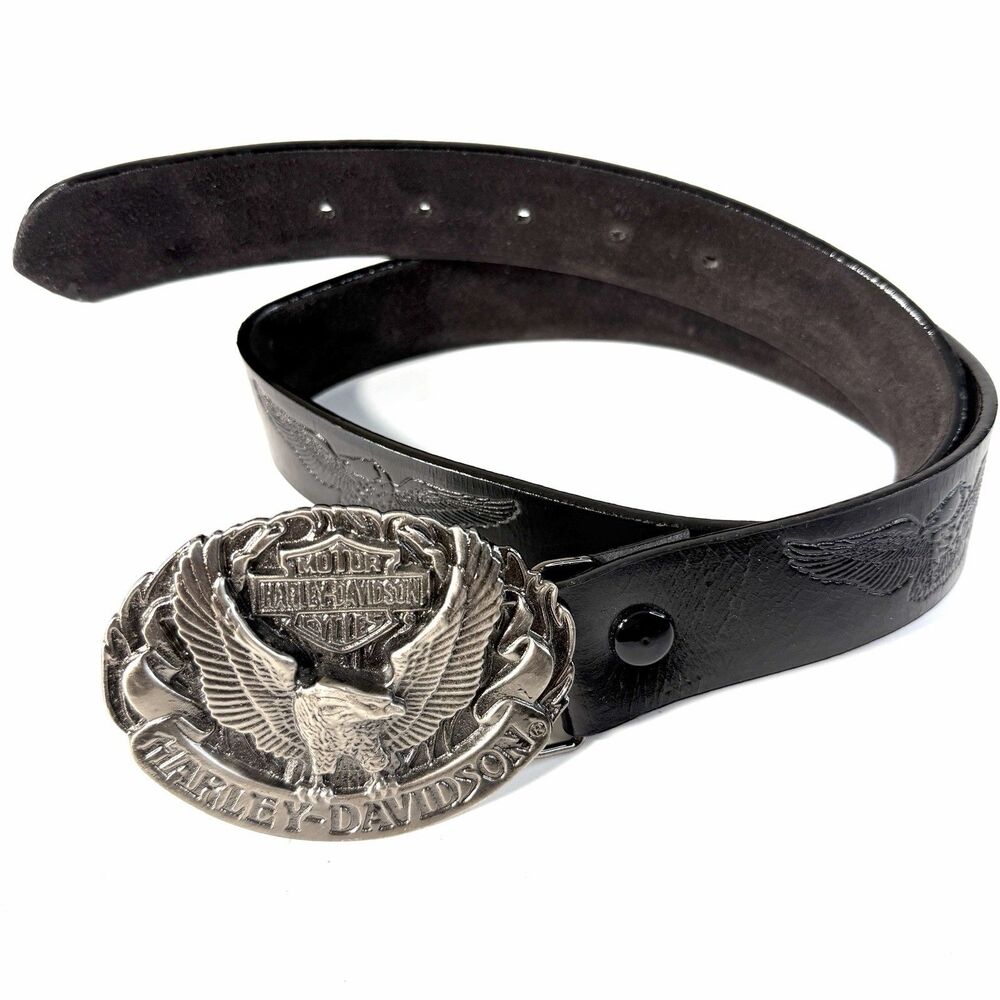 Harley Davidson Upwing Screamin Eagle Bar & Shield Buckle Leather Belt Sz 25-29"